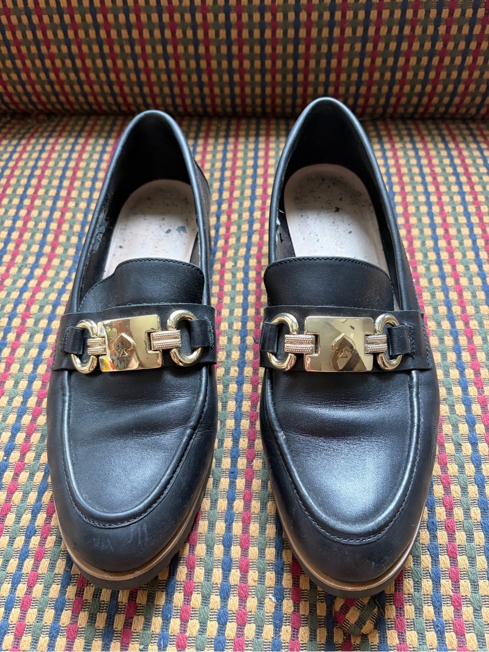 Kate Spade Women's Loafers Kolby Black with Gold Leather Flat Shoes